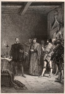 Louis de Berquin (1485-1529), ridder en humanist, religieus hervormer, bevrijd door Jean de la Barre (1523-1533) prévôt van Parijs - Louis de Berquin (links) vrijgelaten uit de gevangenis door John de la Barre - gravure uit 