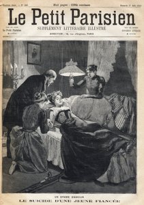 Liefdesdrama: Zelfmoord van een 17-jarige verloofde na de dood van haar man. Een van de krant Le petit Parisien op 27/08/1893 (gravure) door French School