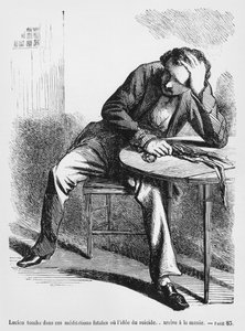 Lucien de Rubempre denkt aan zelfmoord, illustratie uit Splendeurs et Miseres des Courtisanes door Honore de Balzac, gepubliceerd 1867
