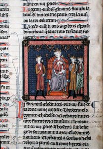 MS.782 Childeric II (ca. 650-675), Clodomir (ca. 495-524) en mogelijk Theodoric, afgebeeld onder de bescherming van koning Clotaire I (ca. 497-561), zittend op een troon, miniatuur uit de Chroniques de Saint-Denis