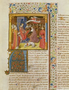 Raoul de Presles die zijn Vertaling aanbiedt aan Karel V (1338-80) uit La Cite de Dieu door St. Augustinus, vertaald door Raoul de Presles (1316-82) c.1400-50 door French School