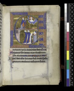 MS 300 f.107r, David bidt tot God (boven), twee geestelijken (onder), uit het Psalter en de Getijden van Isabella van Frankrijk, Parijs, ca. 1265-70 (pen en inkt en tempera op perkament) door French School