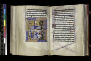 MS 300 f.177v-178r, Metten, Maagd en Kind zittend tussen twee vazen op bank (boven); Verraad van Christus, met Judas die Christus kust, en St. Peter die het oor van Malchus afsnijdt (onder), uit het Psalter en de Getijden van Isabella van Frankrijk, Parijs door French School
