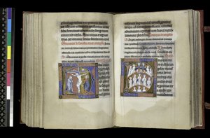 MS 300 f.198v-199r, Voorbede tot het Kruis en Voorbede tot Engelen, uit het Psalter en de Getijden van Isabella van Frankrijk, Parijs, ca. 1265-70 (pen en inkt en tempera op perkament) door French School