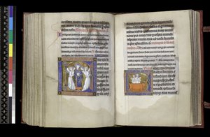 MS 300 f202v-203r, Voorbede tot St. Denis en Voorbede tot St. Eustachius, uit het Psalter en de Getijden van Isabella van Frankrijk, Parijs, c.1265-70 door French School