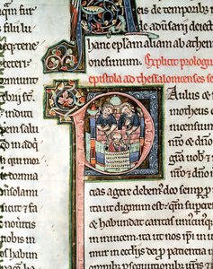 MS 3 Fol. 291v De ontsnapping van Sint Paulus uit Damascus, verluchte initiaal P, 13e eeuw, uit de Avranches Bijbel door French School