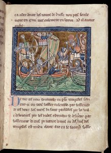 MS Marlay Add 1 f.86 Pagina met tekst en verlichting van een zeeslag, uit De Re Militari, c.1270 door French School