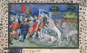 Alexander de Grote (356-323 v.Chr.) vecht met witte leeuwen, uit 