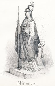 M Minerve: Godin uit het hoofd van Jupiter, gewapend met voet in cape en speer in hand. Onder de naam Minerva was ze godin van wijsheid en onder de naam Pallas was ze godin van oorlog door French School