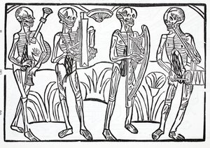 Macabere dans - skeletten van muzikanten in een orkest