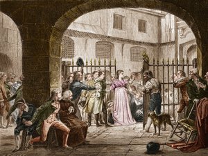 Madame Jeanne Marie Roland de la Platiere (1754-1793), Franse politica die in 1793 naar het Revolutionaire Hof ging. Gravure naar het schilderij van Dauban door French School