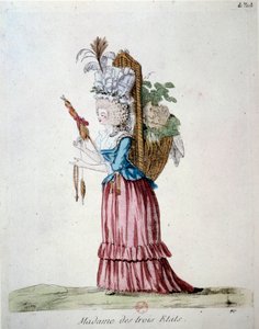 Madame van de Drie Staten. Een vrouw die elegant gekleed is en een mand met fruit en groenten draagt die de drie staten vertegenwoordigt ten tijde van de Franse revolutie door French School
