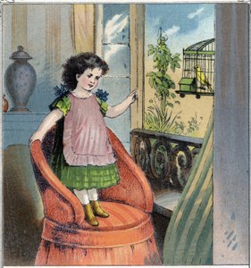Madeleine, het kleine meisje, kreeg een serin voor haar verjaardag: deze zit in een kooi en ondanks de genegenheid die het kind voor hem heeft, betreurt hij zijn vrijheid en voelt zich een gevangene. Chromolithografie uit 