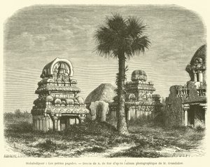 Mahabalipour, De kleine pagodes (gravure) door French School
