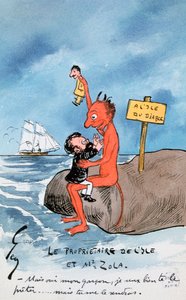 Mais oui, mon garcon, je veux bien te le preter..., cartoon met Zola en de Duivel op Duivelseiland die de Dreyfus-affaire bespreken