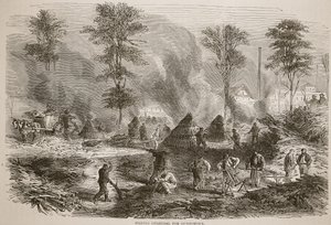 Houtskool maken voor buskruit, illustratie uit Cassells Geschiedenis van de Oorlog tussen Frankrijk en Duitsland, 1870-1871 door French School