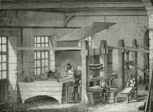 Papier maken met de hand door pulp te zeven in vormen. Gravure c1870. door French School