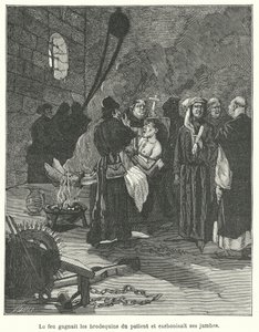 Man die wordt gemarteld met brodequins en vuur (gravure) door French School
