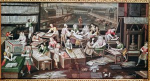 Fabricage van speelkaarten in een huis op de Place Dauphine (ontwerp voor een waaier, gouache op papier, ca. 1680) door French School