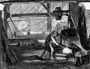 Fabricage van geweerloop: de ijzeren strips zijn roodgloeiend. Gravure in 