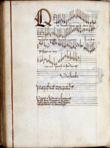 Manuscriptpagina van een verzameling Franse liedpartituren. 15e eeuw. Dijon, Gemeentelijke Bibliotheek