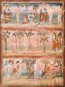 Manuscriptpagina met episodes uit het leven van Adam en Eva: schepping van Adam en Eva, de erfzonde, verdrijving uit het Paradijs door French School