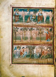 Manuscriptpagina met episodes uit het leven van Adam en Eva: schepping van Adam en Eva. De erfzonde. Verdrijving uit het Paradijs (miniatuur) door French School