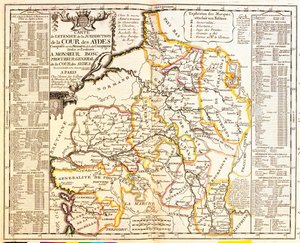 Kaart van Franse gebieden onder belasting, 1709, uit Le Theatre du Monde door Jean-Baptiste Nolin, gepubliceerd 1717 (handgekleurde gravure) door French School