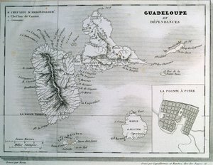 Kaart van Guadeloupe en zijn afhankelijkheden door French School