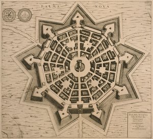 Kaart van Palmanova, uit Les Villes de Venetie, 1704, gepubliceerd door Rutgert Alberts in Den Haag