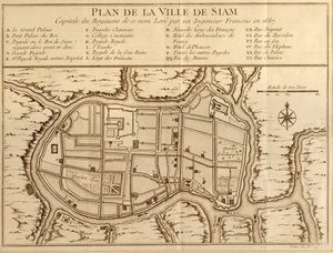 Kaart van de stad Siam, hoofdstad van het gelijknamige koninkrijk na een onderzoek door een Franse ingenieur in 1687, gepubliceerd in de 1751 editie van Histoire Generale des Voyages door Antoine Prevost
