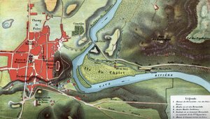 Kaart van het land van Lourdes in 1858, het jaar van de visioenen van Bernadette Soubirous: het toont de locatie van haar huis en de grot. Hoge Pyreneeën (65). Chromolithografie in "Notre Dame de Lourdes" door Henri Lasserre door French School
