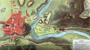 Kaart van het land van Lourdes in 1877: toont de locatie van het huis van Bernadette Soubirous, de grot waar ze de Maagd Maria zou hebben gezien, evenals de basiliek, de kloosters van de Karmelieten en Benedictijnen, en het bisschoppelijk paleis. Hoge Pyre door French School
