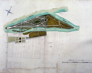 Kaart van de tuin van Moulin Joly. Plaat van de atlas van plannen van het grondgebied van Colombes (1780), bewaard in de Nationale Archieven.