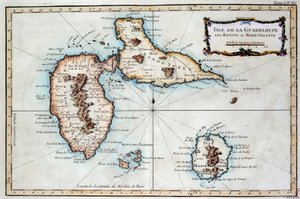 Kaart van het eiland Martinique, het eiland Saintes en het eiland Marie Galante in de West-Indië. Gravure uit de 19e eeuw. Chartres, Musée des Beaux Arts