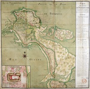 Kaart van het eiland Noirmoutier vergezeld van een kaart van het kasteel, gemaakt in 1769 door French School