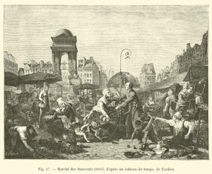 Markt van de Onschuldigen, 1810, naar een schilderij uit die tijd, van Tardieu door French School