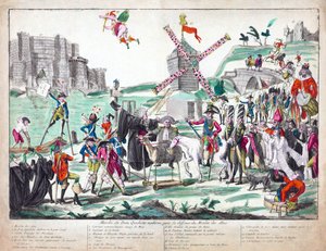 Marche du Dom Quichotte Moderne pour la Deffence du Moulin des Abus, gepubliceerd 1791 (handgekleurde ets)