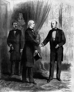 Marechal Patrice de Mac Mahon (1808-1893) feliciteert zijn opvolger als president van de Franse Republiek, Jules Grevy (1807-1892). Gravure in 