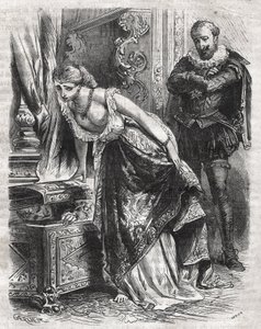 Marguerite de Valois (1553-1615), bekend als Koningin Margot, verbergt Julien de Leris, haar minnaar, in een kluis. Haar echtgenoot, Koning Hendrik IV van Frankrijk (1553-1610), observeert de scène met plezier. 16e eeuw. Gravure uit 1871 in 