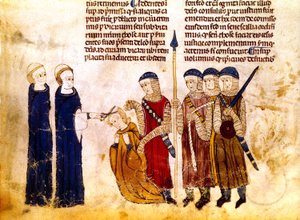 Marguerite van Bourgondië (1290-1315) vrouw van Franse koning Lodewijk X, laat haar haar knippen voor overspel (perkament) door French School