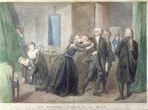 Marie-Antoinette neemt afscheid van haar zoon de Dauphin, Louis-Charles de Bourbon, in de Tempel, 3 juli 1793 door French School