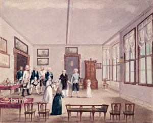 Marie-Thérèse-Charlotte de Bourbon, Madame Royale, ontmoet haar neven keizer Frans II van Oostenrijk en zijn vrouw Maria Teresa in Wenen na haar vrijlating in 1795 uit gevangenschap in Parijs, c.1796 door French School