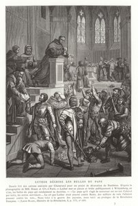Maarten Luther verscheurt pauselijke bullen, Wittenberg, Duitsland, 1520 door French School