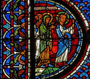 Het Maria Magdalena-raam: Maria, Martha en Jezus gaan naar het graf van Lazarus door French School