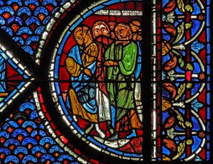Het Maria Magdalena-raam: mensen die de opwekking van Lazarus bijwonen door French School