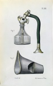 Masker voor het toedienen van ether om een patiënt te verdoven, uit een medisch handboek door Jean-Baptiste-Leon Dubreuil