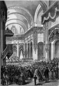 Mis van Allerheiligen gevierd in de kerk van Saint Nicolas du Chardonnet in Parijs, versierd als Sint-Pieter van Rome voor de heiligverklaring van de martelaren van Japan. 1862. Gravure in 