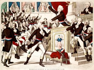 Maximilian Robespierre bij de Conventie (Zitting van 19 Thermidor 1794), Jean Lambert Tallian bedreigt Robespierre met een mes - Populaire gravure uit die tijd door French School