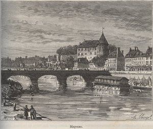Mayenne is een gemeente in het westen van Frankrijk in de regio Pays de la Loire - gravure in "La France illustree: geografie, geschiedenis, administratieve statistiek" door V.-A. Malt-Brown. 1884